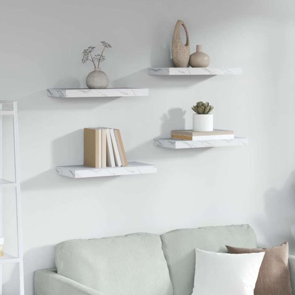 Стенен рафт 4 pcs Бял мрамор 50 x 23,5 x 4 см Инженерно дърво