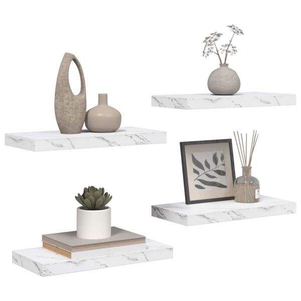 Стенен рафт 4 pcs Бял мрамор 50 x 23,5 x 4 см Инженерно дърво