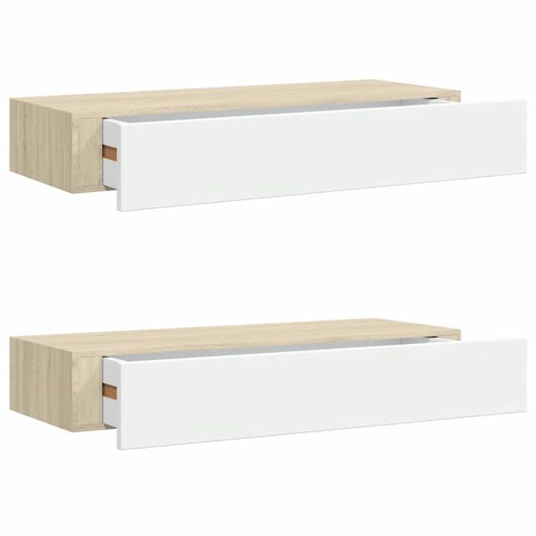 Стенни рафтове за чекмеджета, 2 бр., дъб и бяло, 60x23,5x10 см, MDF