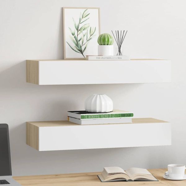 Стенни рафтове за чекмеджета, 2 бр., дъб и бяло, 60x23,5x10 см, MDF