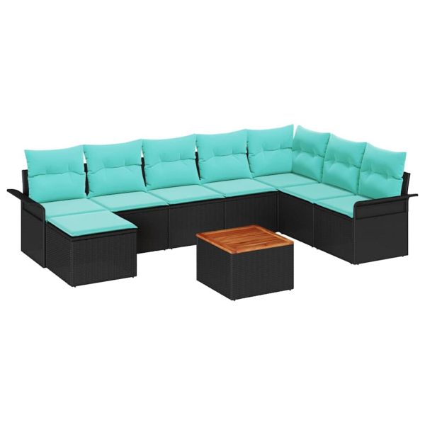 Градински Софа Комплект 9 pcs Черен и Туркоаз полиратан