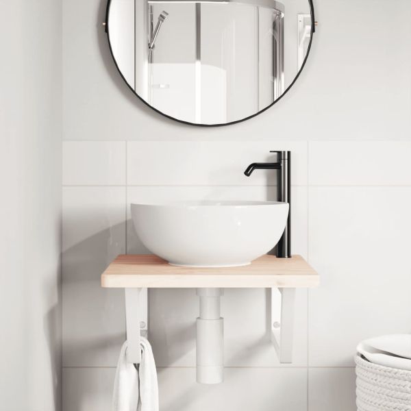 Стенен рафт за мивка, стомана и масивно дърво бук