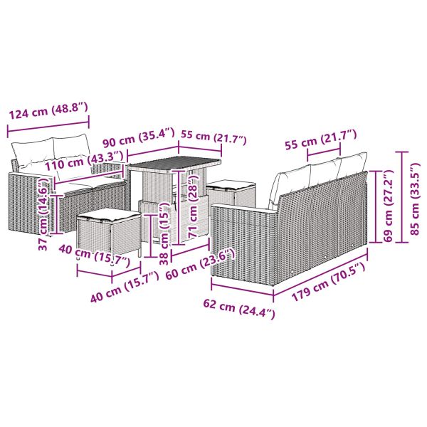 Градински Софа Комплект 8 pcs Сив полиратан