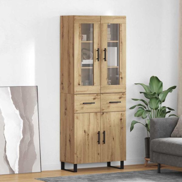 Висок шкаф с чекмедже 2 pcs Дъб Инженерна дървесина и стъкло