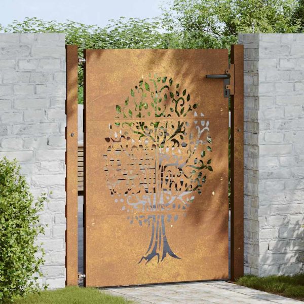Градинска порта 100x150 см, кортенова стомана, дизайн с дърво