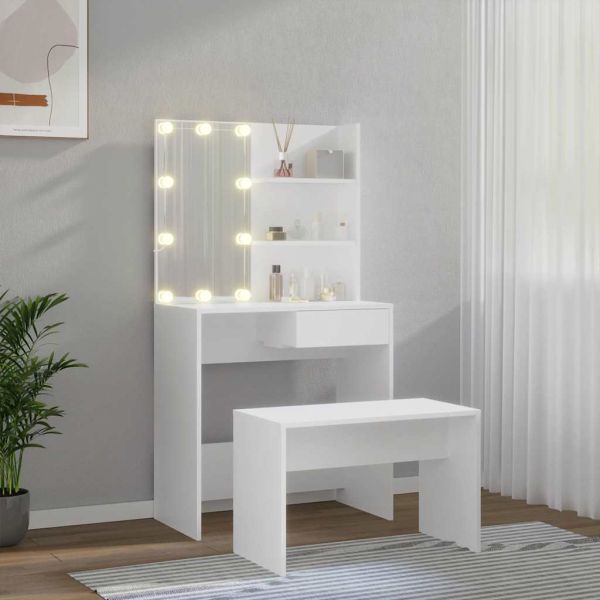 Комплект тоалетка с LED, бяла, инженерно дърво