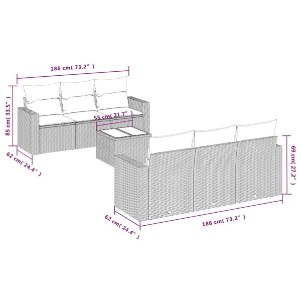 Градински комплект диван с възглавници 7 части черен полиратан