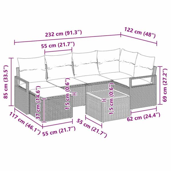 Градински Софа Комплект с възглавница 7 pcs Черно полиратан