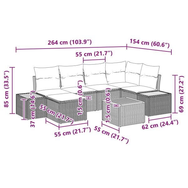 Градински Софа Комплект с възглавница 7 pcs Черно полиратан