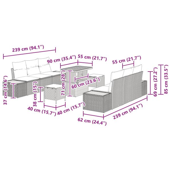 Градински Софа Комплект с възглавница 9 pcs Черно