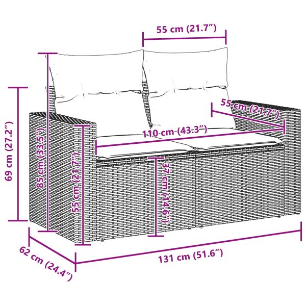 Градински Софа Комплект с възглавница 8 pcs Черно полиратан