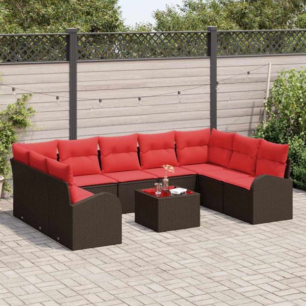 Градински Софа Комплект 10 бр. Кафяво и червено полиратан