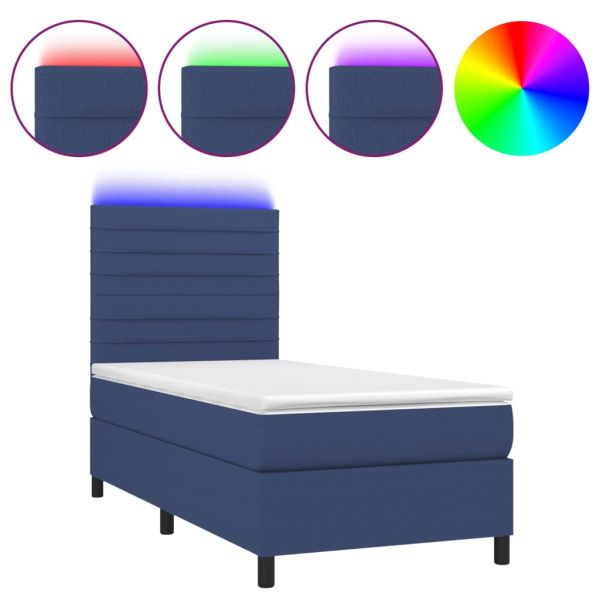 Боксспринг легло с матрак и LED, синьо, 80x200 см, плат