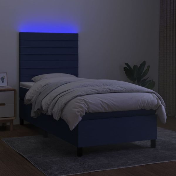 Боксспринг легло с матрак и LED, синьо, 80x200 см, плат