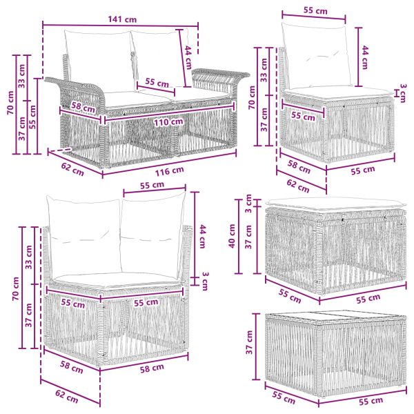 Градински Софа Комплект 7 pcs Черно полиратан