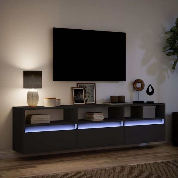 Стенен ТВ шкаф с LED, черен, 180x31x45 см
