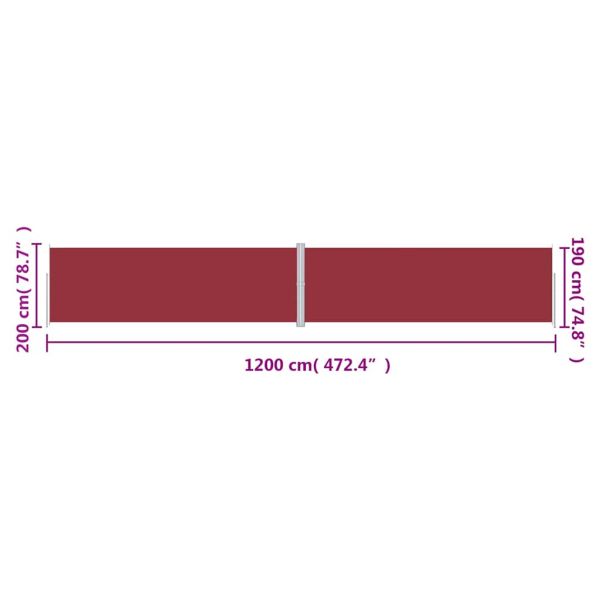 Прибираща се странична тента, червена, 200х1200 см