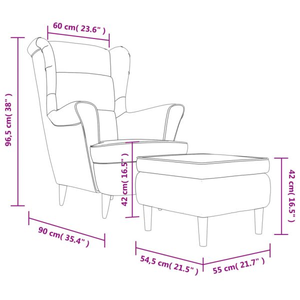 Фотьойл Wingback с табуретка, светлосиво, кадифе