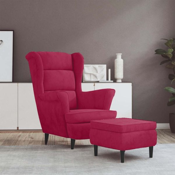 Фотьойл Wingback с табуретка, виненочервен, кадифе