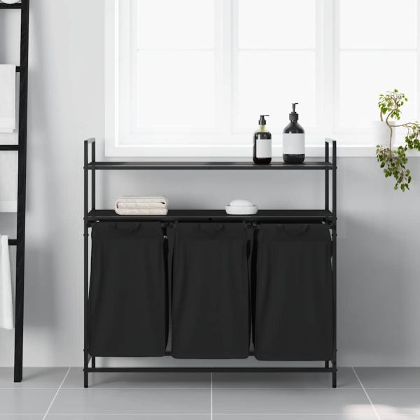Кош за пране с 3 отделения и рафтове, черен дъб