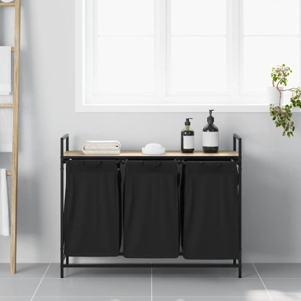 Кош за пране, 3 отделения с рафт, цвят дъб Сонома