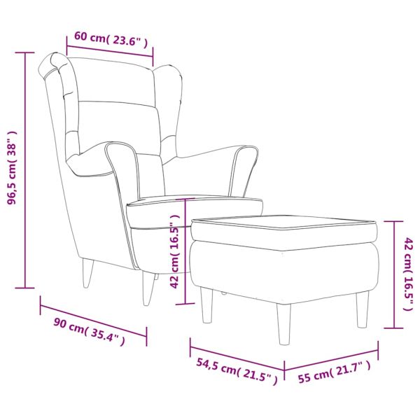 Фотьойл Wingback с табуретка, черен, кадифе