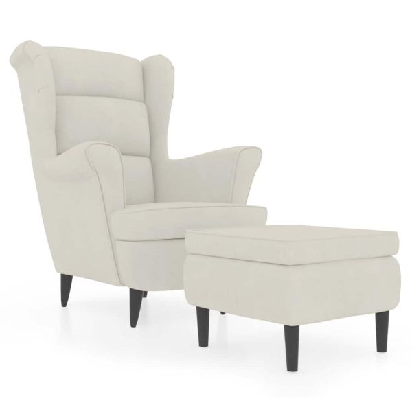Фотьойл Wingback с табуретка, кремав, кадифе