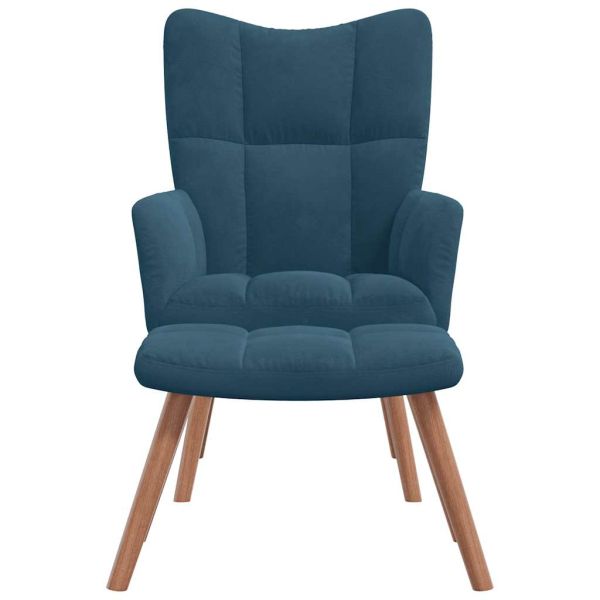 Релакс стол с табуретка, син, кадифе
