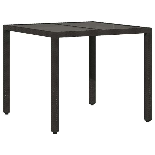 Градинска маса със стъклен плот, черна, 90x90x75 см, полиратан