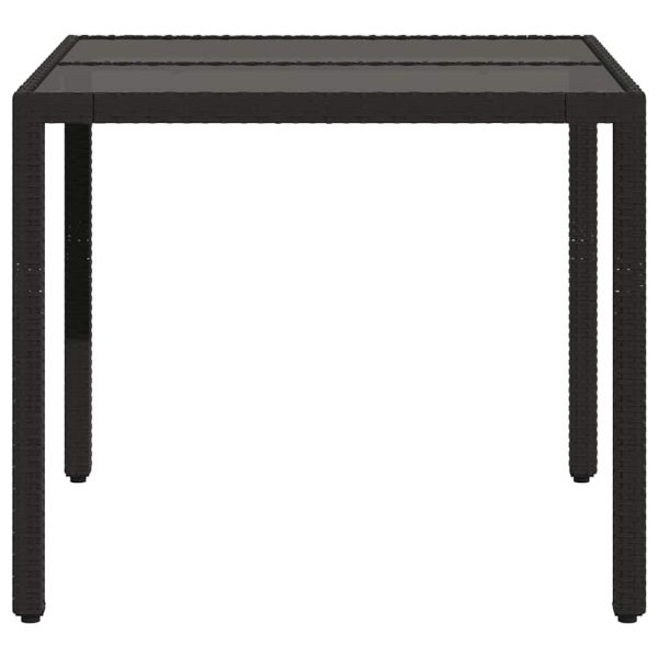 Градинска маса със стъклен плот, черна, 90x90x75 см, полиратан