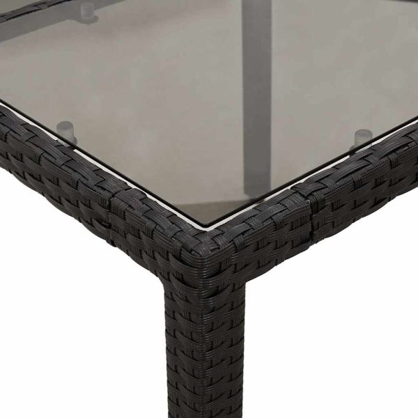 Градинска маса със стъклен плот, черна, 90x90x75 см, полиратан