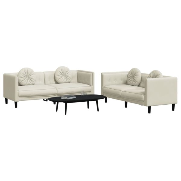 Комплект дивани 2 части с възглавници, кремав, кадифе
