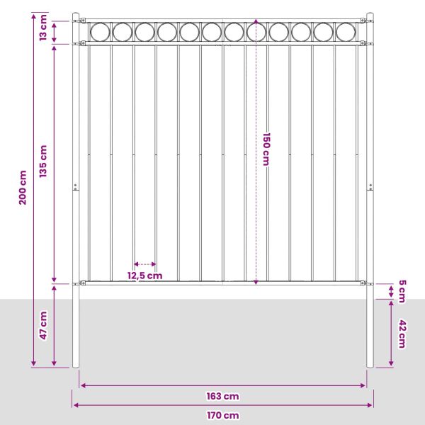 Елемент на оградата ASSEN 170 x 200 см Стомана Сиво
