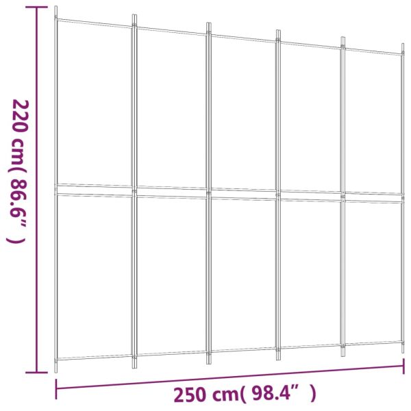Параван за стая, 5 панела, бял, 250x220 см, текстил