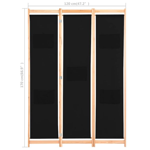 Параван за стая, 3 панела, черен, 120x170x4 cм, текстил