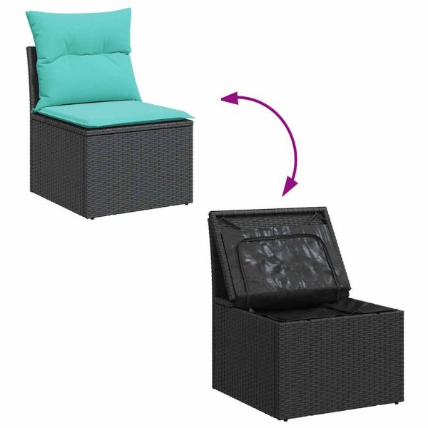 Градински диван с възглавници, 6 части, черен, полиратан