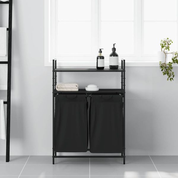 Кош за пране с 2 отделения и рафтове, черен дъб