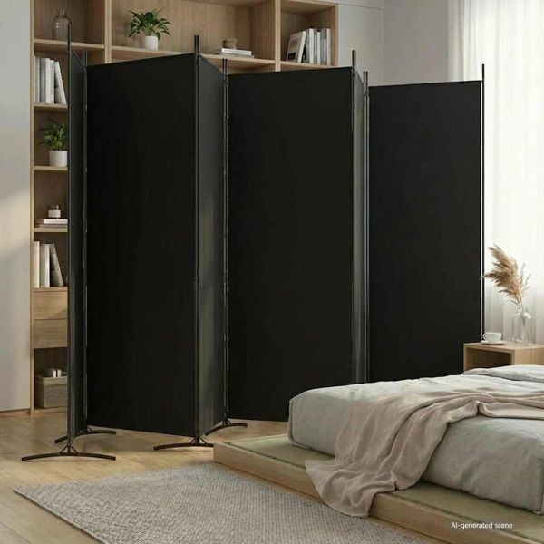 Параван за стая, 6 панела, черно, 520x180 cм, текстил
