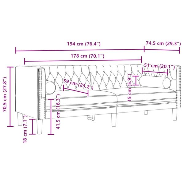 Диван Черно 194 x 74,5 x 70,5 см Кадифе