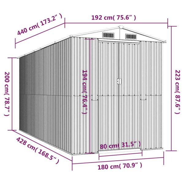 Градинска барака светлосива 192x440x223 см поцинкована стомана