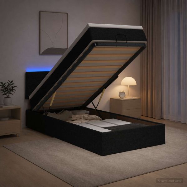 Отоман с матрак и LED с LED ленти Черно 90 x 190 cm Текстил