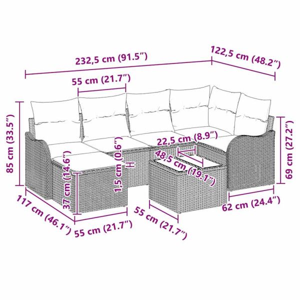 Градински Софа Комплект с възглавница 7 pcs Черно Полиратан