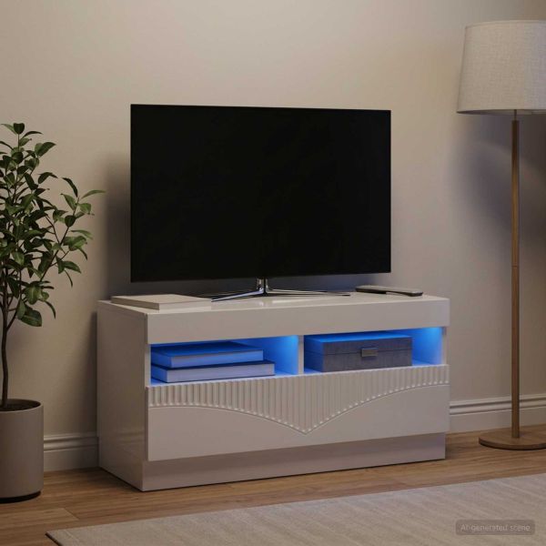 LED телевизионен кабинет Бял гланц Инженерна дървесина
