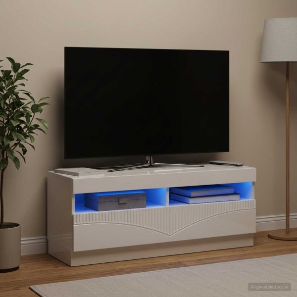 LED телевизионен кабинет Бял гланц Инженерна дървесина