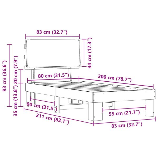 Леглова рамка с тапицирана гръбна част Светлосиво 80 x 200 cm