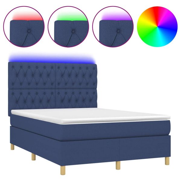 Боксспринг легло с матрак и LED, синьо, 140x190 см, плат