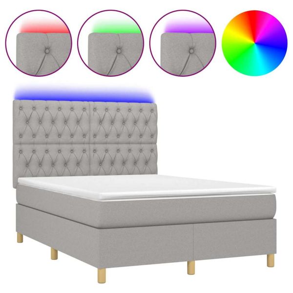 Боксспринг легло с матрак и LED, светлосиво, 140x190 см, плат