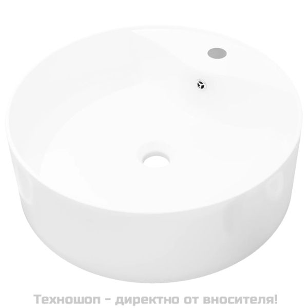 Керамична кръгла мивка с корито, преливник и отвор за смесител, бяла