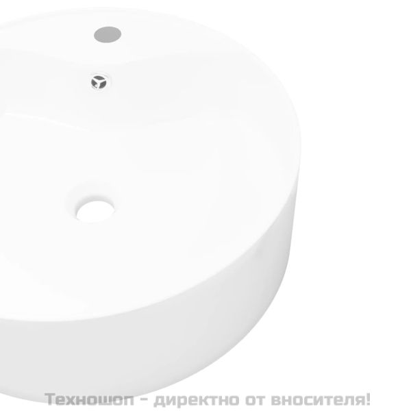 Керамична кръгла мивка с корито, преливник и отвор за смесител, бяла