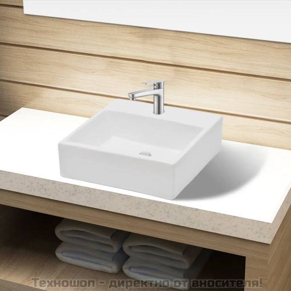 Керамична мивка с отвор за смесител, бяла, квадратна